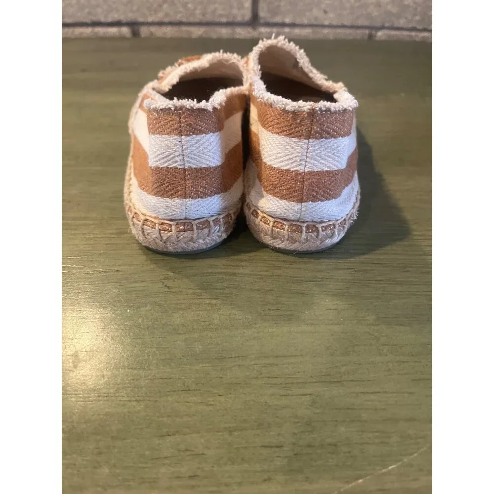 Tory Burch Striped Frayed Canvas Espadrilles With Logo Tan/White Womens Size 7 S